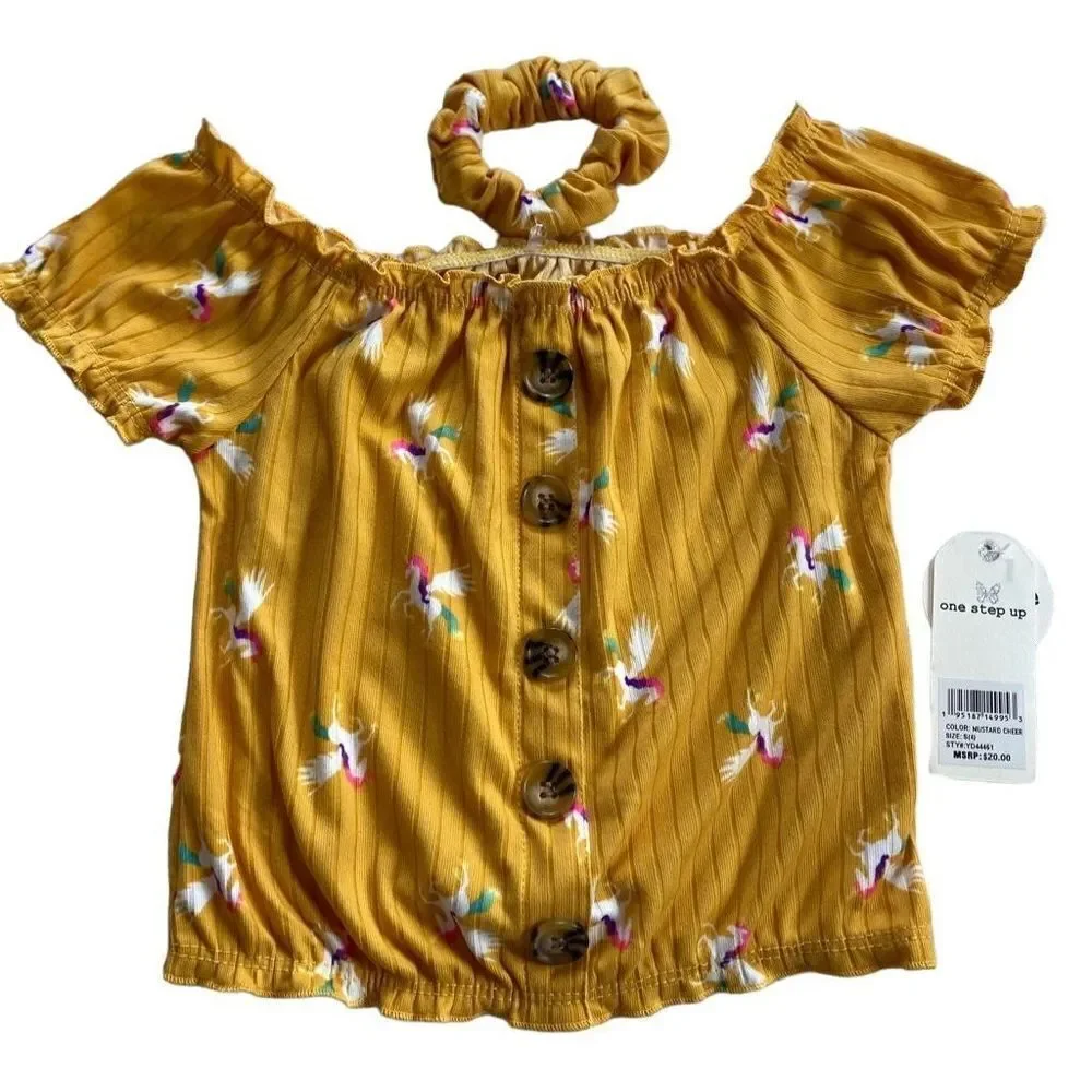 ONE STEP UP Girl’s Small (4) Mustard/Unicorn Top with Matching Scrunchie